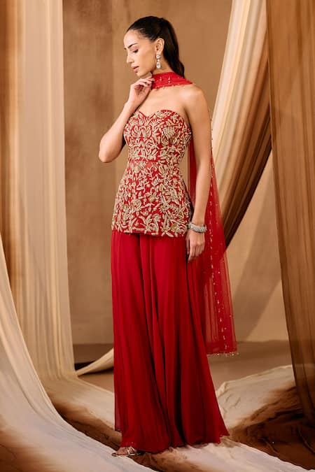 Buy_Niamh By Kriti_Red Georgette, Net Beads, Sequins, Cut Work Hand Embroidered Kurta Sharara Set _Online_at_Aza_Fashions