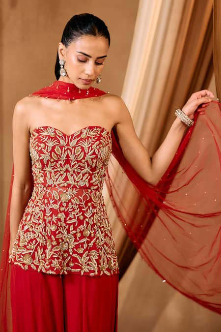 Shop_Niamh By Kriti_Red Georgette, Net Beads, Sequins, Cut Work Hand Embroidered Kurta Sharara Set _Online_at_Aza_Fashions