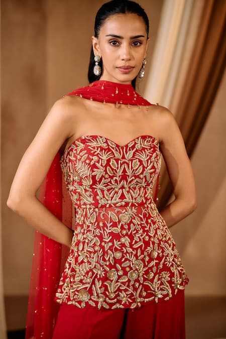 Niamh By Kriti_Red Georgette, Net Beads, Sequins, Cut Work Hand Embroidered Kurta Sharara Set _at_Aza_Fashions