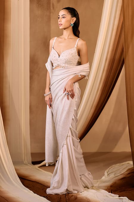 Niamh By Kriti_Ivory Net Sequins, Pearls Round Neck Embellished Pre-draped Saree Set _Online_at_Aza_Fashions