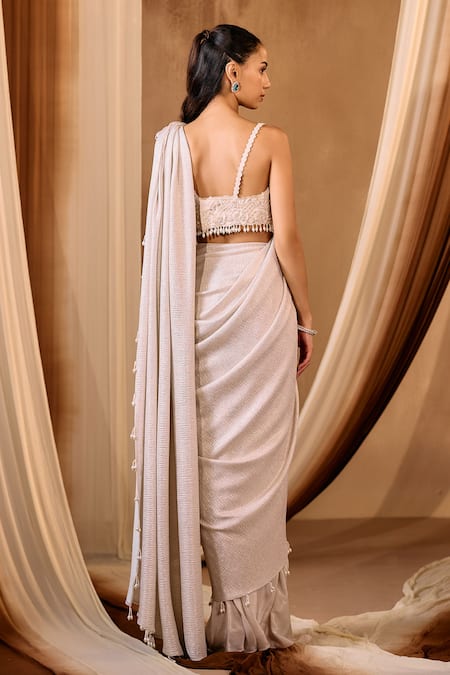 Niamh By Kriti Embellished Ivory Pre-Draped Saree Set 