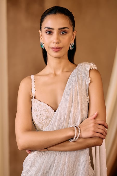 Shop_Niamh By Kriti_Ivory Net Sequins, Pearls Round Neck Embellished Pre-draped Saree Set _Online_at_Aza_Fashions