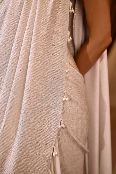 Shop_Niamh By Kriti_Ivory Net Sequins, Pearls Round Neck Embellished Pre-draped Saree Set 