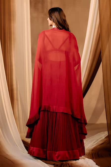 Niamh By Kriti Red Embroidered Lehenga Set With Cape 