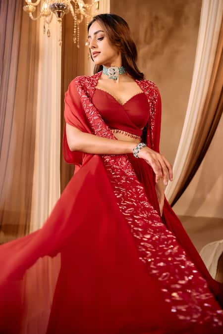 Niamh By Kriti_Red Georgette, Organza Crystals, Sequins, Embroidery Lehenga Set With Cape _Online_at_Aza_Fashions