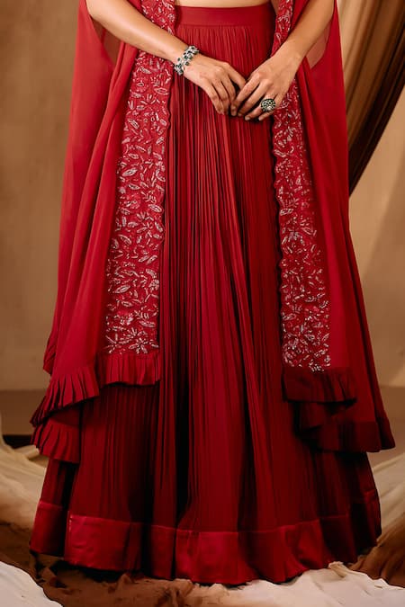 Buy_Niamh By Kriti_Red Georgette, Organza Crystals, Sequins, Embroidery Lehenga Set With Cape _Online_at_Aza_Fashions