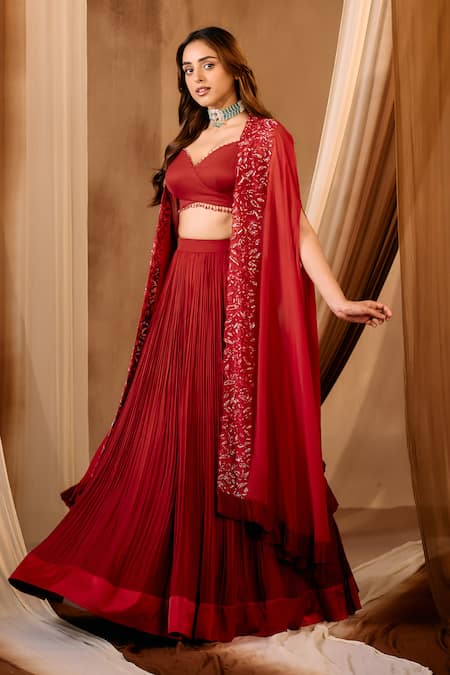 Shop_Niamh By Kriti_Red Georgette, Organza Crystals, Sequins, Embroidery Lehenga Set With Cape _Online_at_Aza_Fashions