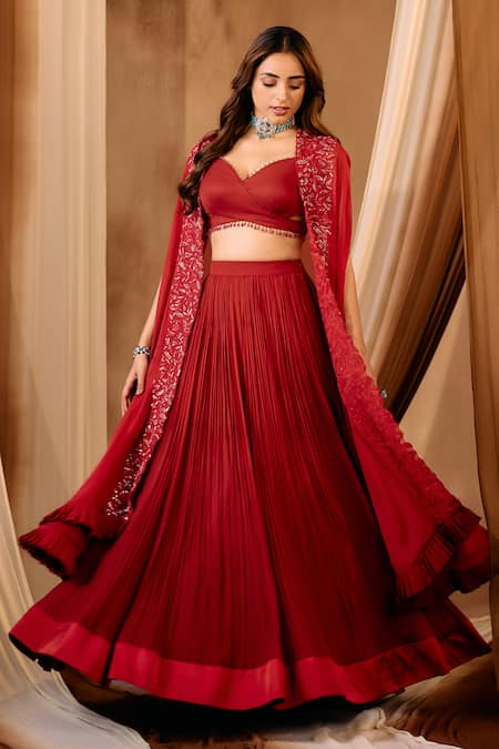Niamh By Kriti_Red Georgette, Organza Crystals, Sequins, Embroidery Lehenga Set With Cape _at_Aza_Fashions