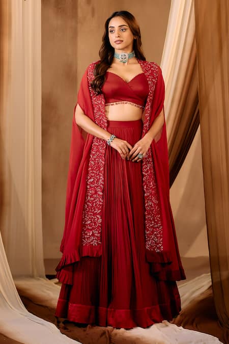 Niamh By Kriti Red Georgette, Organza Crystals, Sequins, Embroidery Lehenga Set With Cape