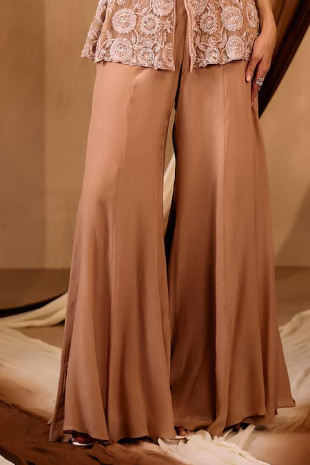 Niamh By Kriti_Beige Silk, Net Sequins, Beads V-neck Embroidered Top And Sharara Set _Online_at_Aza_Fashions