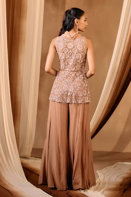 Niamh By Kriti Beige Embroidered Top & Sharara Set 