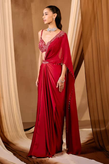 Niamh By Kriti_Red Chanderi Silk Embroidery, Beads, Sequins Round Hand Pre-draped Saree Set _Online_at_Aza_Fashions