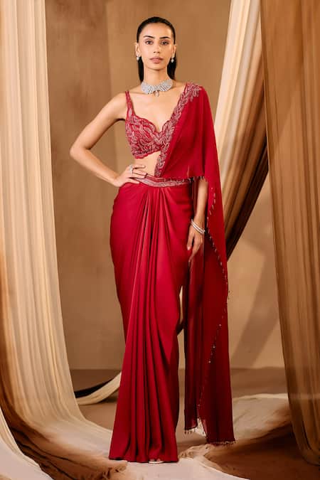 Niamh By Kriti Red Chanderi Silk Embroidery, Beads, Sequins Round Hand Pre-draped Saree Set