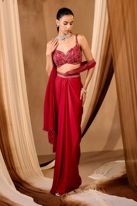 Buy_Niamh By Kriti_Red Chanderi Silk Embroidery, Beads, Sequins Round Hand Pre-draped Saree Set _Online_at_Aza_Fashions