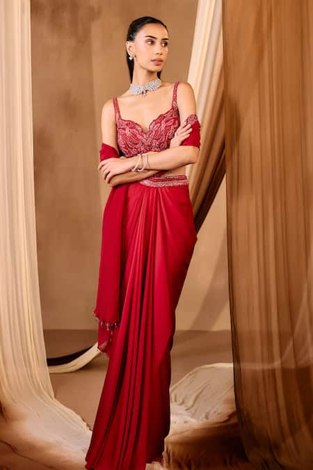 Shop_Niamh By Kriti_Red Chanderi Silk Embroidery, Beads, Sequins Round Hand Pre-draped Saree Set _Online_at_Aza_Fashions