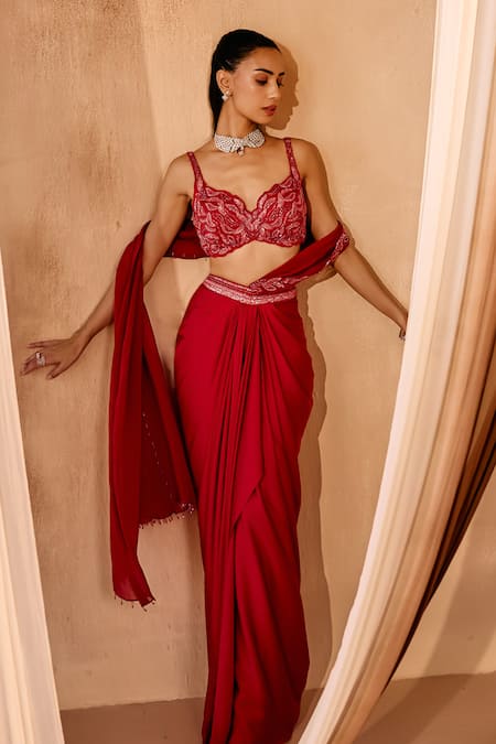 Niamh By Kriti_Red Chanderi Silk Embroidery, Beads, Sequins Round Hand Pre-draped Saree Set _at_Aza_Fashions