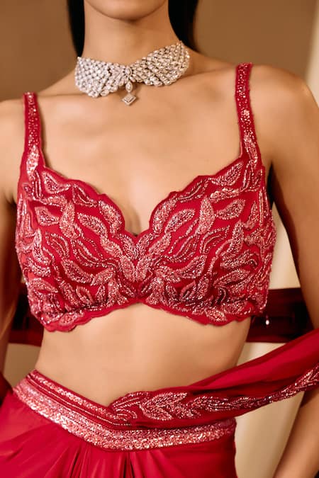 Buy_Niamh By Kriti_Red Chanderi Silk Embroidery, Beads, Sequins Round Hand Pre-draped Saree Set 