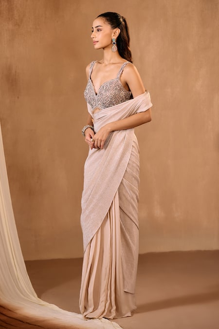 Niamh By Kriti_Gold Sequins, Beads, Crystals Sweetheart Neck Pre-draped Saree With Blouse _Online_at_Aza_Fashions