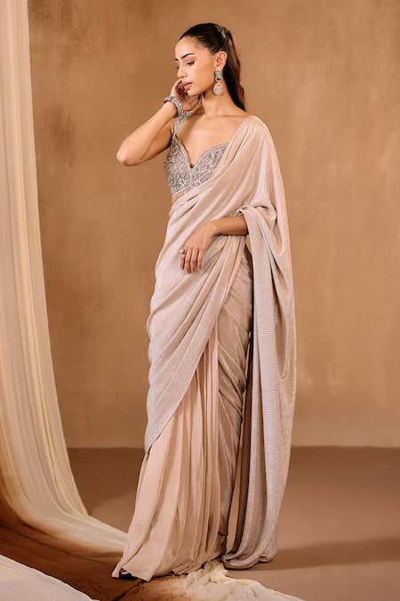 Shop_Niamh By Kriti_Gold Sequins, Beads, Crystals Sweetheart Neck Pre-draped Saree With Blouse _Online_at_Aza_Fashions