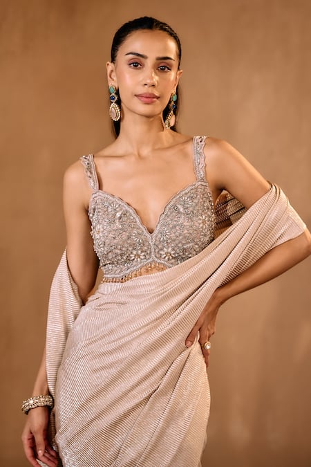 Niamh By Kriti_Gold Sequins, Beads, Crystals Sweetheart Neck Pre-draped Saree With Blouse _at_Aza_Fashions