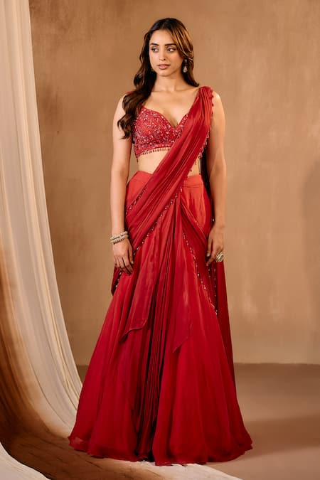 Niamh By Kriti_Red Silk, Chiffon, Crepe, Satin Sequins, Beads, Crystals Designer Lehenga Set _at_Aza_Fashions