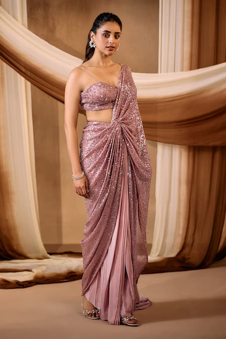 Niamh By Kriti Pink Silk, Crepe, Net Sequins, Beads, Embellished Pre-draped Saree And Blouse Set Online at Aza Fashions Niamh By Kriti_Pink Silk, Crepe, Net Sequins, Beads, Embellished Pre-draped Saree And Blouse Set _Online_at_Aza_Fashions