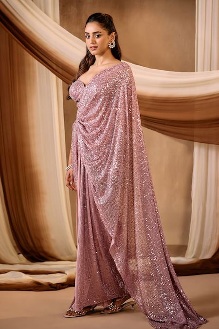 Buy Niamh By Kriti Pink Silk, Crepe, Net Sequins, Beads, Embellished Pre-draped Saree And Blouse Set Online at Aza Fashions Buy_Niamh By Kriti_Pink Silk, Crepe, Net Sequins, Beads, Embellished Pre-draped Saree And Blouse Set _Online_at_Aza_Fashions