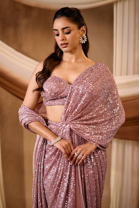 Shop Niamh By Kriti Pink Silk, Crepe, Net Sequins, Beads, Embellished Pre-draped Saree And Blouse Set Online at Aza Fashions Shop_Niamh By Kriti_Pink Silk, Crepe, Net Sequins, Beads, Embellished Pre-draped Saree And Blouse Set _Online_at_Aza_Fashions