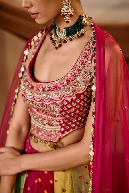 Shop_Niamh By Kriti_Multi Color Silk, Chanderi, Net Pearls, Gota Patti Round Embroidered Lehenga Set _Online_at_Aza_Fashions