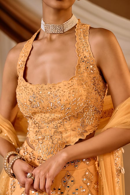 Niamh By Kriti_Orange Organza, Net Pearls, Beads, Sequins, Mirrors Embellished Lehenga Set _Online_at_Aza_Fashions
