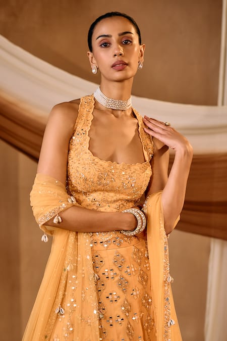 Buy_Niamh By Kriti_Orange Organza, Net Pearls, Beads, Sequins, Mirrors Embellished Lehenga Set _Online_at_Aza_Fashions