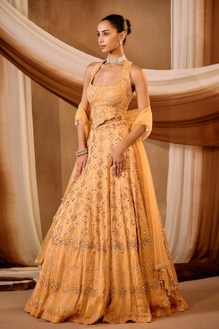 Shop_Niamh By Kriti_Orange Organza, Net Pearls, Beads, Sequins, Mirrors Embellished Lehenga Set _Online_at_Aza_Fashions