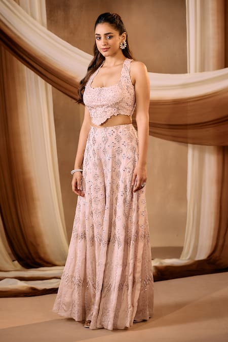 Niamh By Kriti_Pink Satin, Organza Beads, Sequins, Mirrors Embroidered Blouse And Sharara Set _Online_at_Aza_Fashions