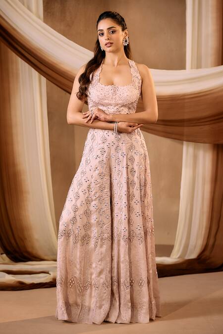 Buy_Niamh By Kriti_Pink Satin, Organza Beads, Sequins, Mirrors Embroidered Blouse And Sharara Set _Online_at_Aza_Fashions