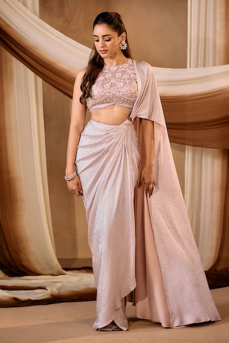 Niamh By Kriti_Purple Lycra Pearls, Beads, Sequins, Crystals Shimmer Pre-draped Saree Set _Online_at_Aza_Fashions