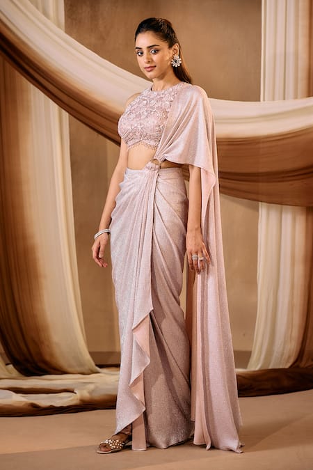 Buy_Niamh By Kriti_Purple Lycra Pearls, Beads, Sequins, Crystals Shimmer Pre-draped Saree Set _Online_at_Aza_Fashions