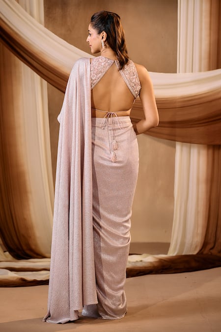 Niamh By Kriti Purple Shimmer Lycra Pre-Draped Saree Set 