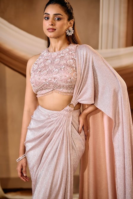 Shop_Niamh By Kriti_Purple Lycra Pearls, Beads, Sequins, Crystals Shimmer Pre-draped Saree Set _Online_at_Aza_Fashions