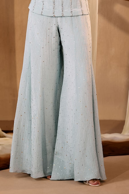 Niamh By Kriti_Blue Silk Beads, Sequins, Pearls, Crystals Square Neck Kurta Sharara Set _Online_at_Aza_Fashions