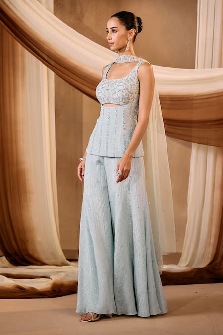 Buy_Niamh By Kriti_Blue Silk Beads, Sequins, Pearls, Crystals Square Neck Kurta Sharara Set _Online_at_Aza_Fashions