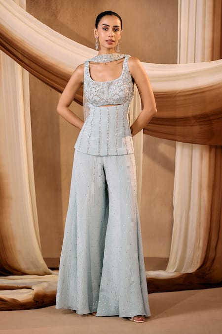 Niamh By Kriti Blue Silk Kurta Sharara Set 