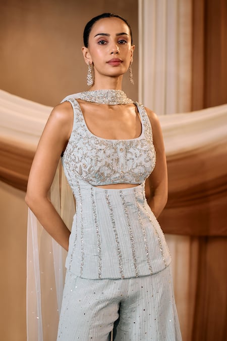 Niamh By Kriti_Blue Silk Beads, Sequins, Pearls, Crystals Square Neck Kurta Sharara Set _at_Aza_Fashions