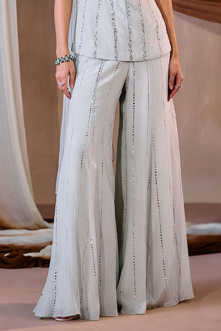 Niamh By Kriti_Green Silk Pearls, Sequins Square Neck Kurta Sharara Set _Online_at_Aza_Fashions