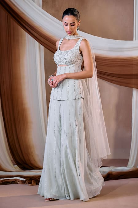 Buy_Niamh By Kriti_Green Silk Pearls, Sequins Square Neck Kurta Sharara Set _Online_at_Aza_Fashions