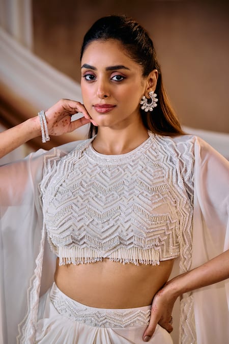 Niamh By Kriti_Ivory Silk, Organza, Crepe Beads, Embroidery, Crystals Round Cape And Skirt Set _Online_at_Aza_Fashions