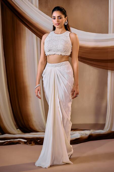 Buy_Niamh By Kriti_Ivory Silk, Organza, Crepe Beads, Embroidery, Crystals Round Cape And Skirt Set _Online_at_Aza_Fashions