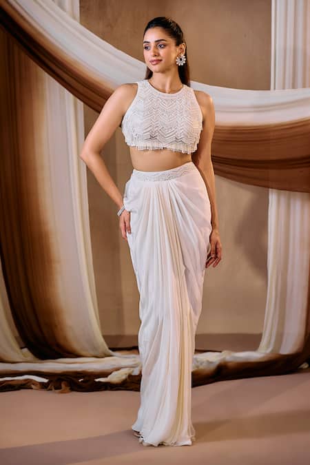 Shop_Niamh By Kriti_Ivory Silk, Organza, Crepe Beads, Embroidery, Crystals Round Cape And Skirt Set _Online_at_Aza_Fashions