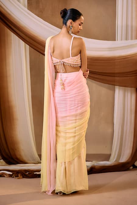 Niamh By Kriti Pink & Yellow Shimmer Chiffon Saree Set 