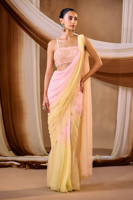 Niamh By Kriti Pink & Yellow Shimmer Chiffon Saree Set 