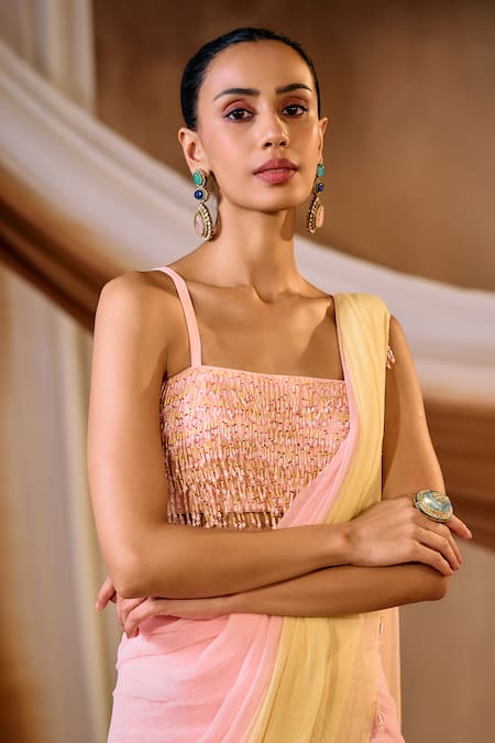 Buy_Niamh By Kriti_Pink Chiffon Embroidery, Beads, Pearls, Crystals And Yellow Shimmer Saree Set _Online_at_Aza_Fashions